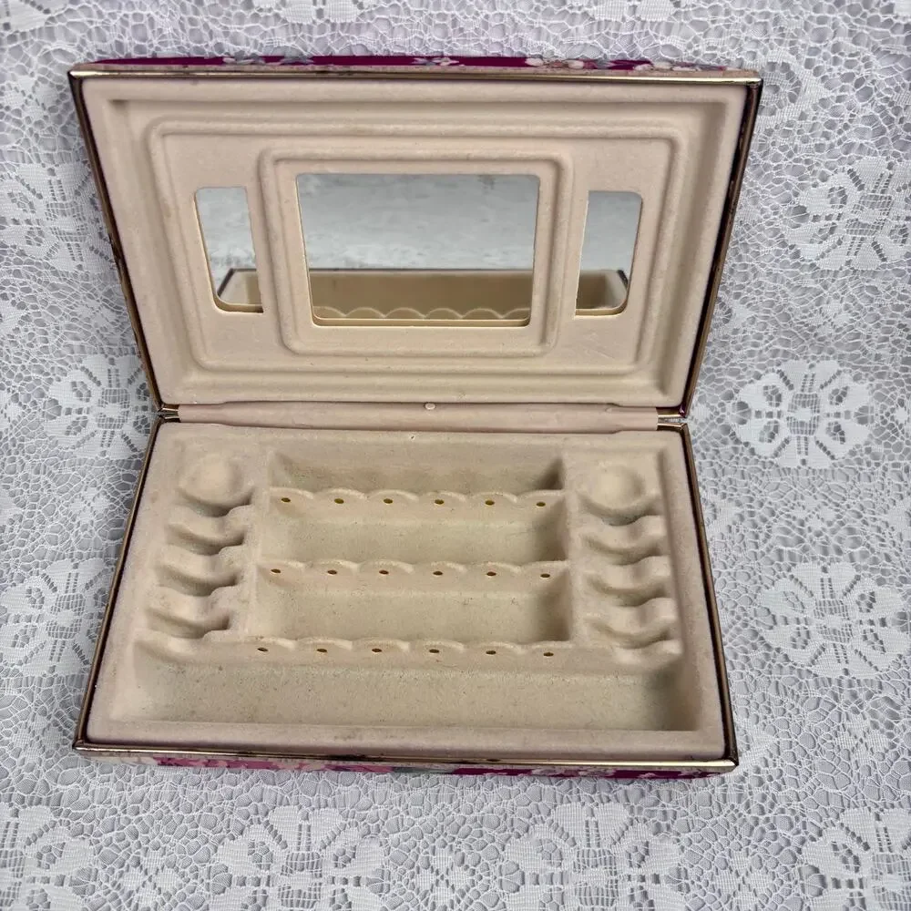 Vintage Floral Fabric Covered Jewelry Box Organizer with Mirror & Ring Holder